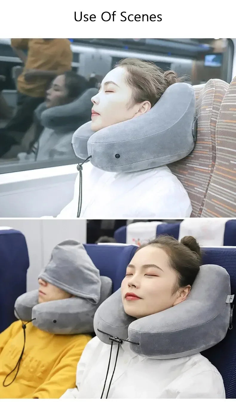 Neck Pillow Travel U-shaped Pillow Inflatable Pillow H Hooded Nap Pillow Outdoor Car Long-Distance Aircraft Neck Pillow