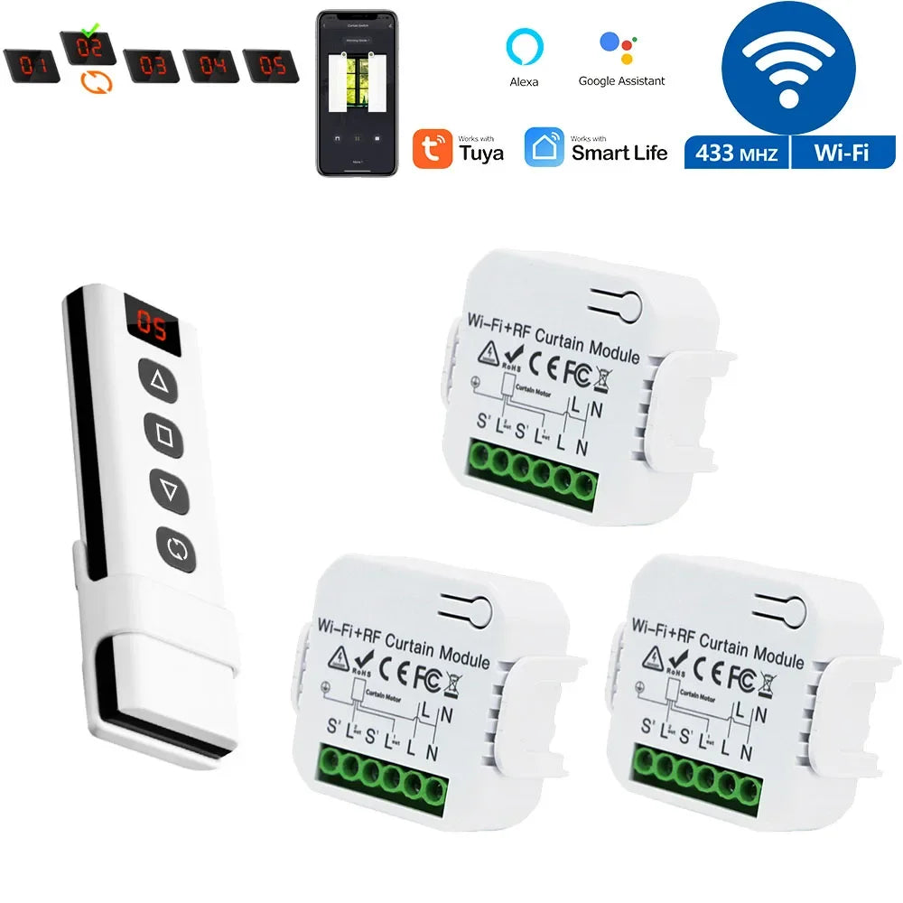 Smart WiFi RF Curtain Switch Module Wireless 433MHz 5 in 1 Remote Controller,110V 220V 240V for Roller Shutter Garage Tuya Alexa
