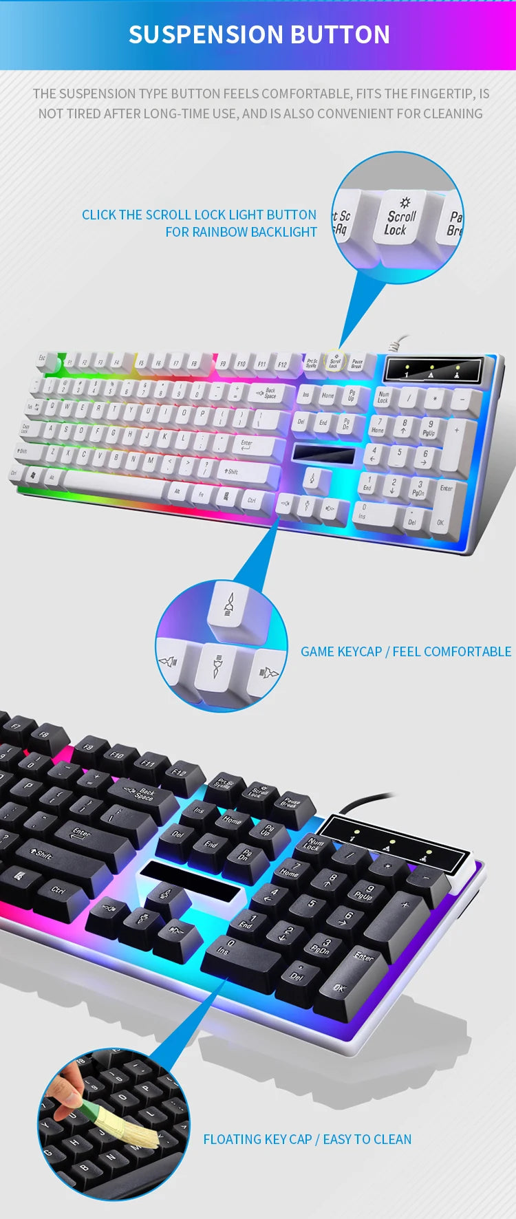 Игровой комплект: клавиатура и мышь с RGB-подсветкой, 104 клавиши, проводная клавиатура и мышь для ноутбука, настольного ПК, планшета.