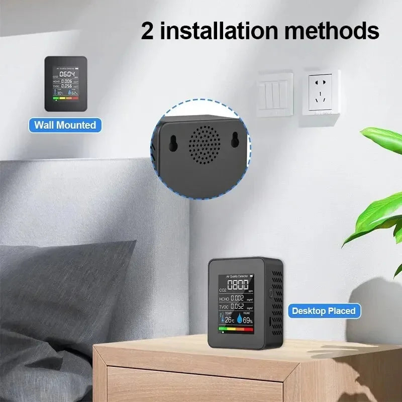 Air quality monitor multifunctional 5in1 CO2 meter digital home temperature humidity tester carbon dioxide HCHO TVOC detector