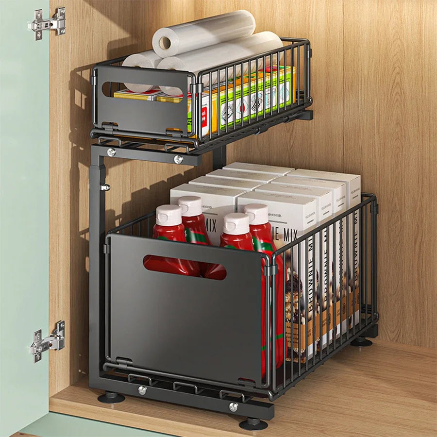 Pull-Out Under Sink Organizer, 2-Tier Adjustable Height Sliding Shelf for Kitchen/Bathroom Cabinet Storage, Black & White