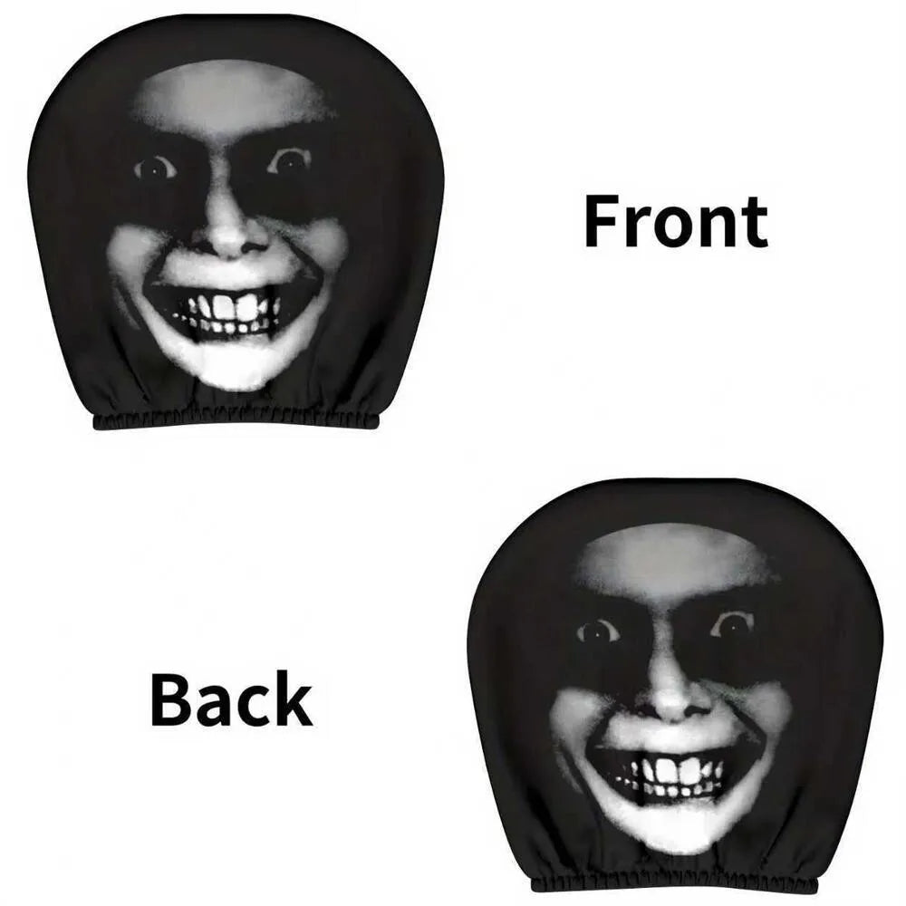 2PCS Scary Smile Face Car Headrest Covers Horror Grinning Print Black Auto Headrest Protector Universal Halloween Decor