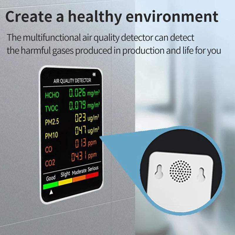جهاز قياس جودة الهواء 6 في 1: PM2.5، PM10، HCHO، TVOC، CO، CO2، CO2، جهاز مراقبة جودة الهواء، جهاز اختبار جودة الهواء للمنزل والمكتب