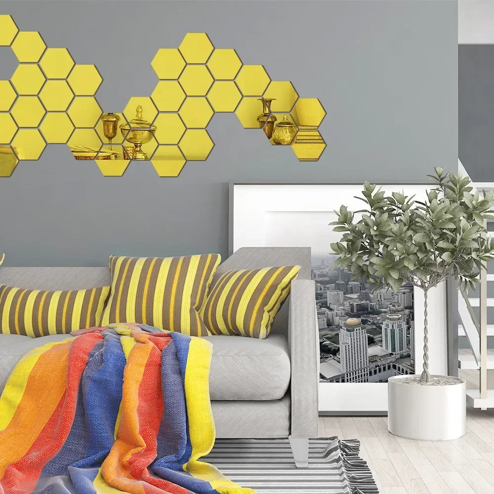 Hexagon Acrylic 3D Mirror Wall Sticker Home Decor DIY Self-adhesive Mirror Decal Decor Stickers Art Wall Decoration Large 6/12pc