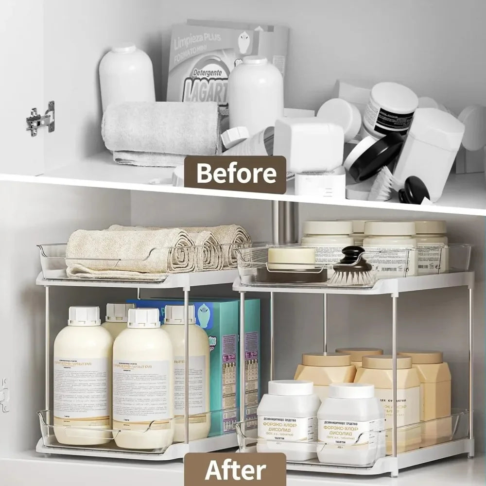 2-Tier Pull Out Under Sink Storage Shelf - Multi-Purpose Organizer for Bathroom Cabinet & Kitchen Pantry