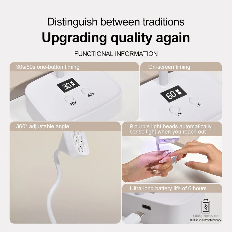 Rechargeable 9 LED UV Desk Lamp 360° Bendable for Nails Gel Polish Quick Dry Portable Manicure Salon  Wireless Nail Dryer Tools
