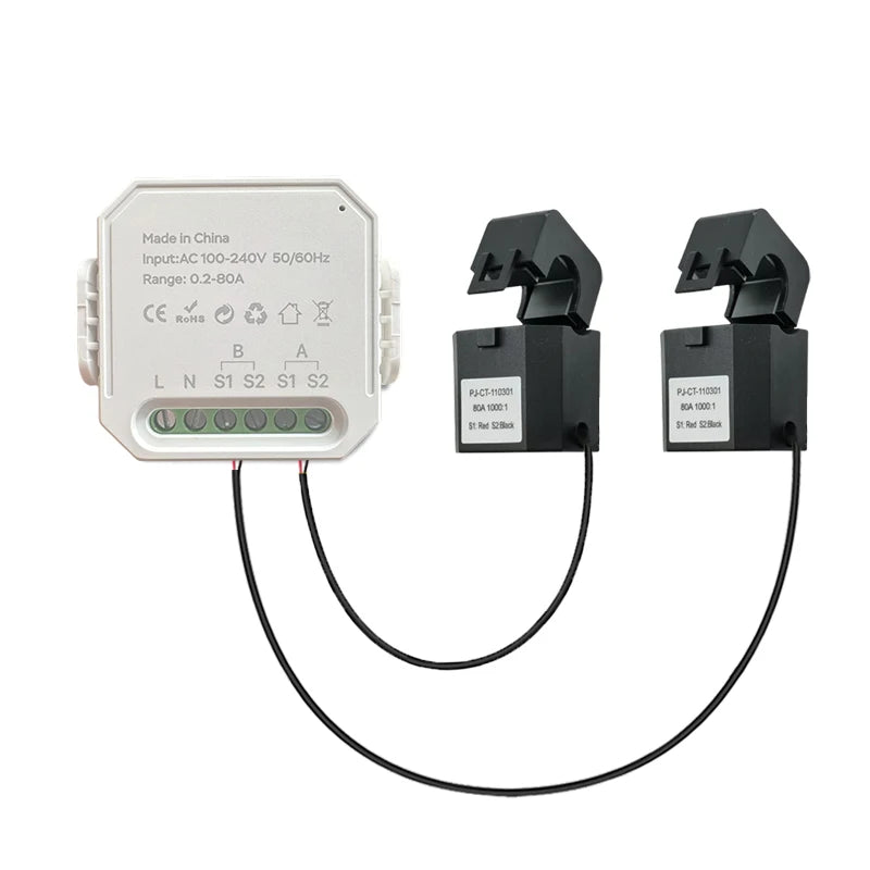 Tuya Smart Life WiFi Energy Meter 80A 1/2 Channel with Clamp App Monitor Solar Export and Import Power AC100V/240V