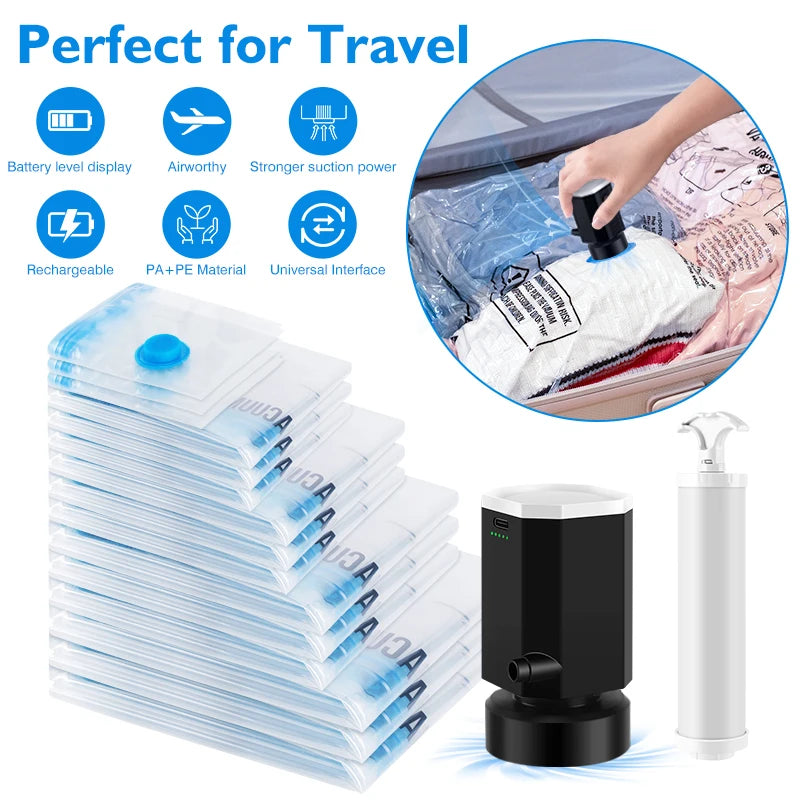 Travel Vacuum Storage Bags with Cordless Electric Pump 8-18Pc Space Saver Bag for Clothes Comforter Blanket Compressed Organizer