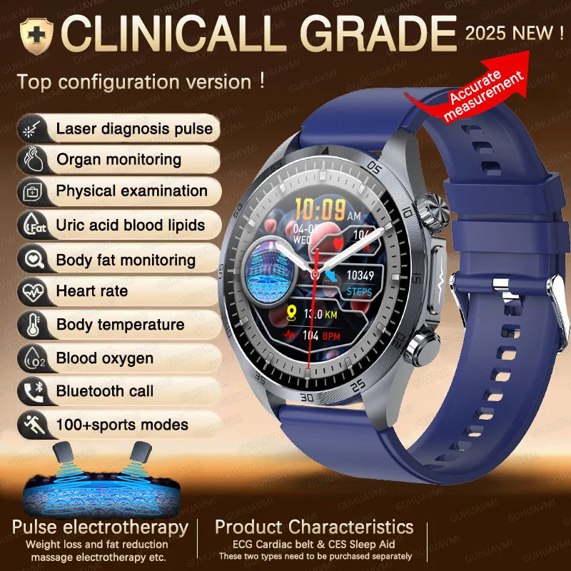 2025 Laser Pulse Uric Acid Blood Fat Nursing Smart Watch Men Body Fat Blood pressure ECG+PPG Sleep aid Treatment Health Watch