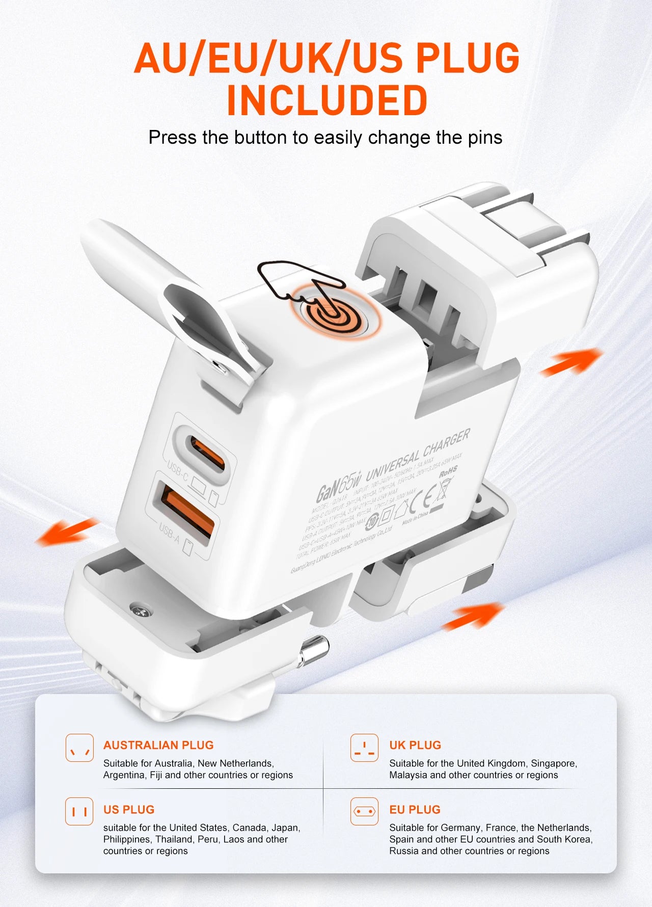 LDNIO GaN 65W Fast Charger Type C Universal Travel Adapter With US EU UK AUS Plug All-in-One Portable USB Charger For Travel