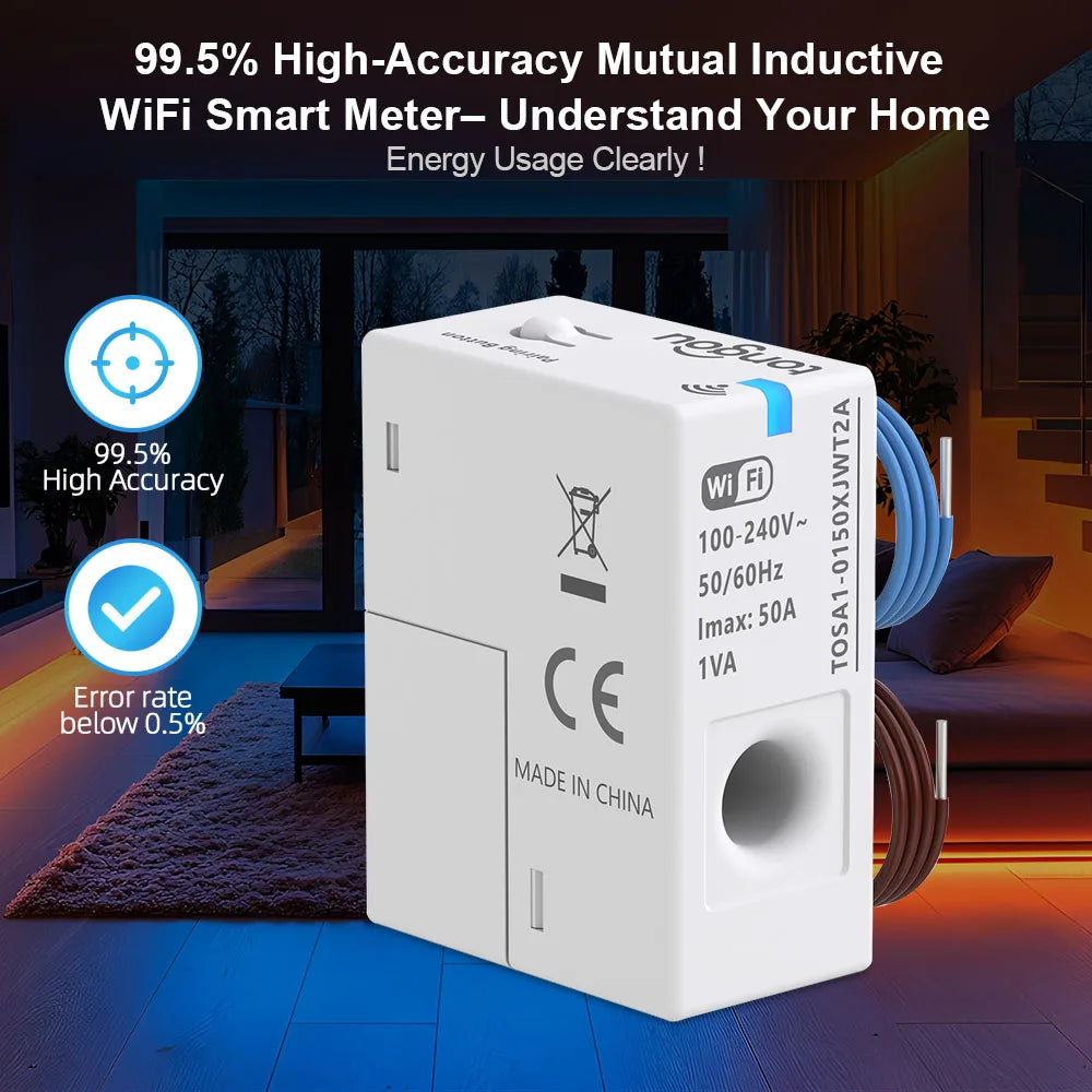 Tuya Smart WiFi Energy Meter – 1-50A Real-Time Power & Energy Monitoring, Home Assistant Compatible TONGOU