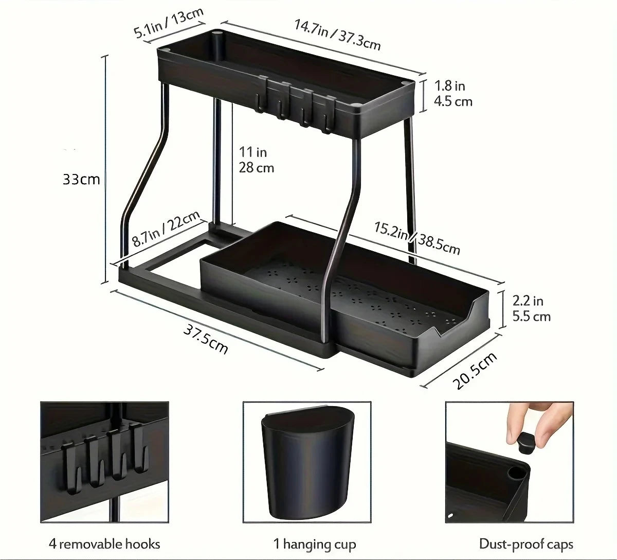 2 Tier Slide Out Under Sink Organizer with Hooks Large Capacity Space Saving Storage Rack for Kitchen Bathroom Cabinet Durable