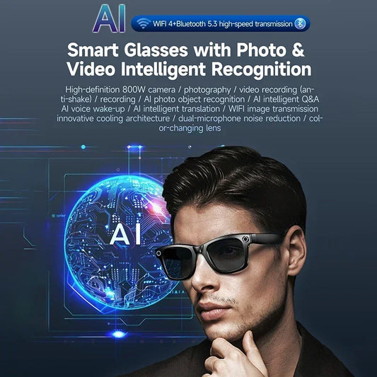 New high-definition 800W camera with intelligent AI glasses for taking photos and recording, voice assistant for intelligent tra