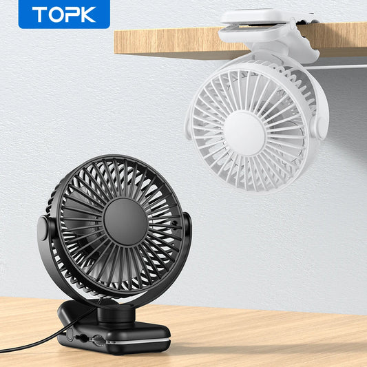 TOPK USB Clip on Desk Fan Brushless Motor Powerful Airflow Sturdy Clamp Ultra Quiet Portable Mini Personal Fan Office Bedroom