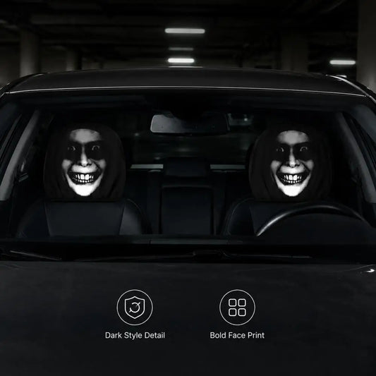 2PCS Scary Smile Face Car Headrest Covers Horror Grinning Print Black Auto Headrest Protector Universal Halloween Decor
