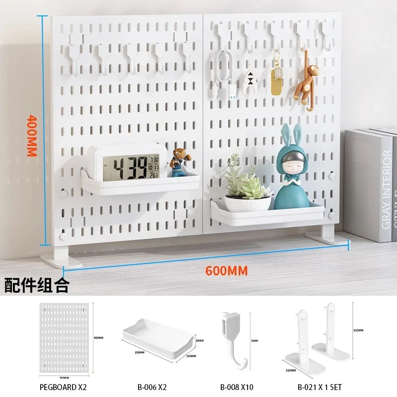 Desktop pegboard storage kit: Stand-up clip - on panels, perfect for home office and study storage.