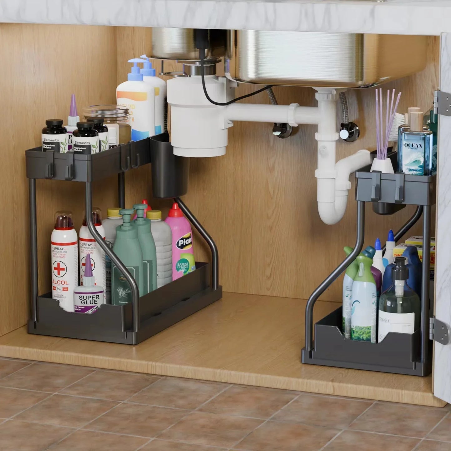 Space-Saving Organizer shelf 2-Tier Pull-Out Storage Organizer Durable Large Capacity Drawer for Kitchen and Bathroom Essentials