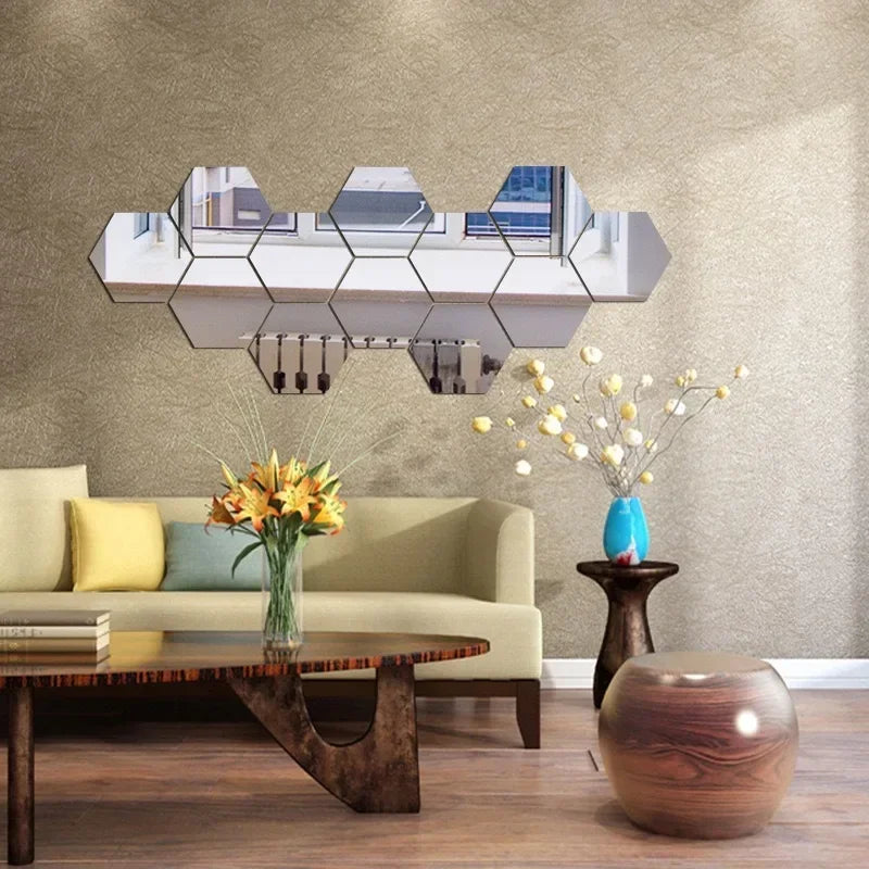 Hexagon Acrylic 3D Mirror Wall Sticker Home Decor DIY Self-adhesive Mirror Decal Decor Stickers Art Wall Decoration Large 6/12pc