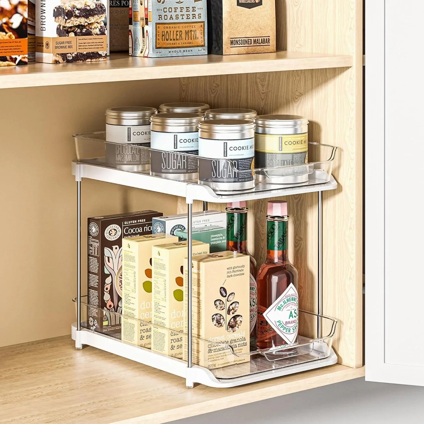 2-Tier Pull Out Under Sink Storage Shelf - Multi-Purpose Organizer for Bathroom Cabinet & Kitchen Pantry