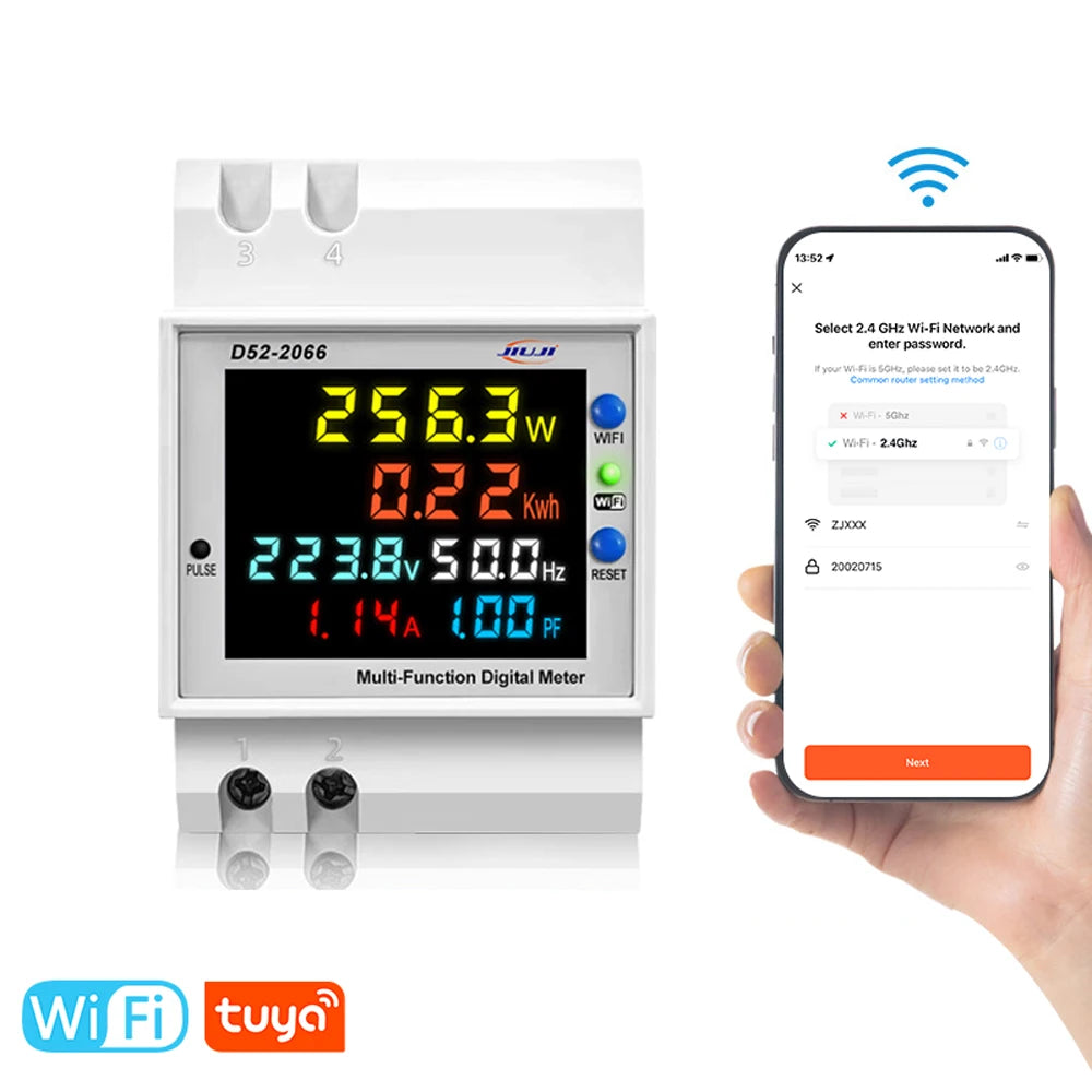 Tuya WiFi Smart Energy Meter DIN-Rail Voltage Current Monitor Power Factor Frequency Metering Digital Display Electricity Meter