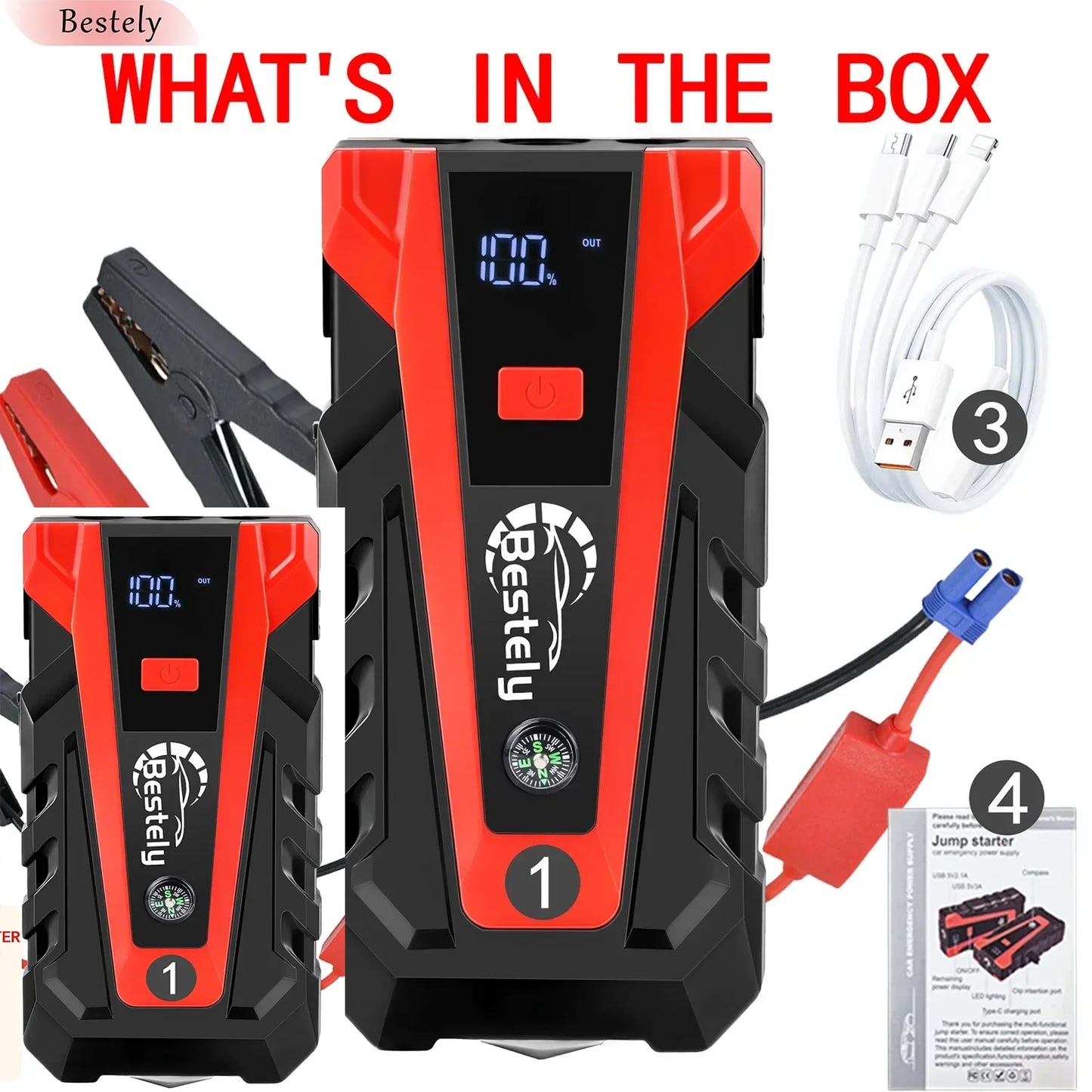 Bestely-12V-99800mAh-3000A Car Jump Starter Car Battery Starters Portable Power Bank 12V Starting Device Petrol Diesel Car