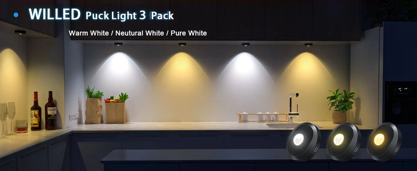 WILLED Night Light 3pcs with Remote 1200mAh Rechargeable Puck light with Timer Stick on Picture Lights for Wall Closet Cabinet
