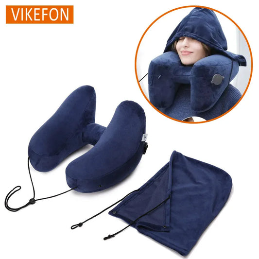 Neck Pillow Travel U-shaped Pillow Inflatable Pillow H Hooded Nap Pillow Outdoor Car Long-Distance Aircraft Neck Pillow