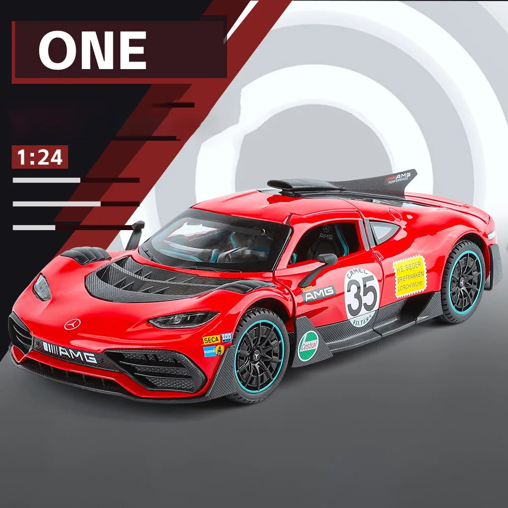 Scale 1:24 ONE Sports Car Model Toy Modified Metal Diecast Free Wheeling Vehicles Simulation Sound & Light Gift for Children