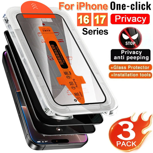 Easy Installation Privacy Screen Protector for iPhone 17 16 Pro Max 16 Plus 17 Air Anti-spy / HD Clear Tempered Glass One-Click