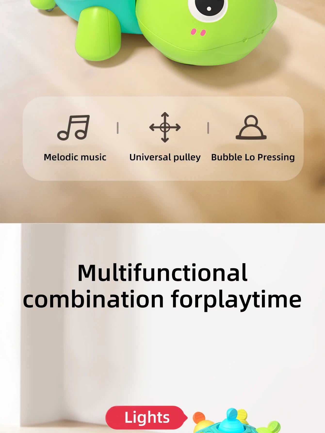 Игрушка в виде ползающей черепашки со звуком и светом — можно грызть, оказывает успокаивающий эффект при купании с пеной.