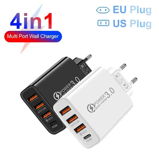 Total 60W USB C Charger Multi 4 Ports 3USB PD Type C Fast Charging Quick Charge Universal Travel Wall Power Adapter