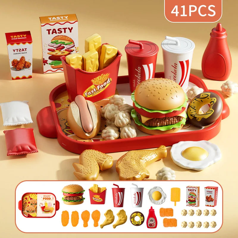 Kid Kitchen Toy Set Simulation Make Hamburger Pizza Fries Pretend Play Food Cooking Cutting Game Montessori Interactive Toy Gift
