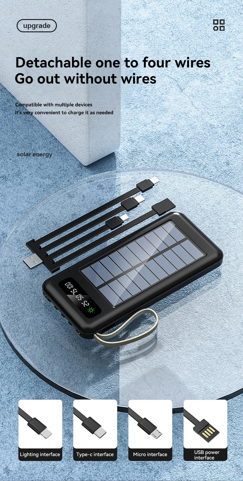 بنك طاقة شمسي بسعة 50000 مللي أمبير، بطارية شحن سريع، كابلان USB 4، شاشة عرض رقمية LED، متوافق مع أجهزة iPhone