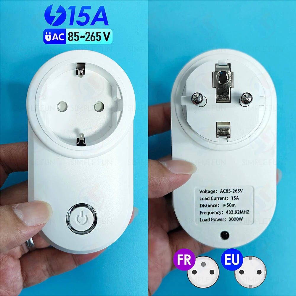 Wireless Remote Control Socket 220V 110V EU FR Smart Plug,50m Control Range,Power Outlet 15A for Home Appliance Light Fan