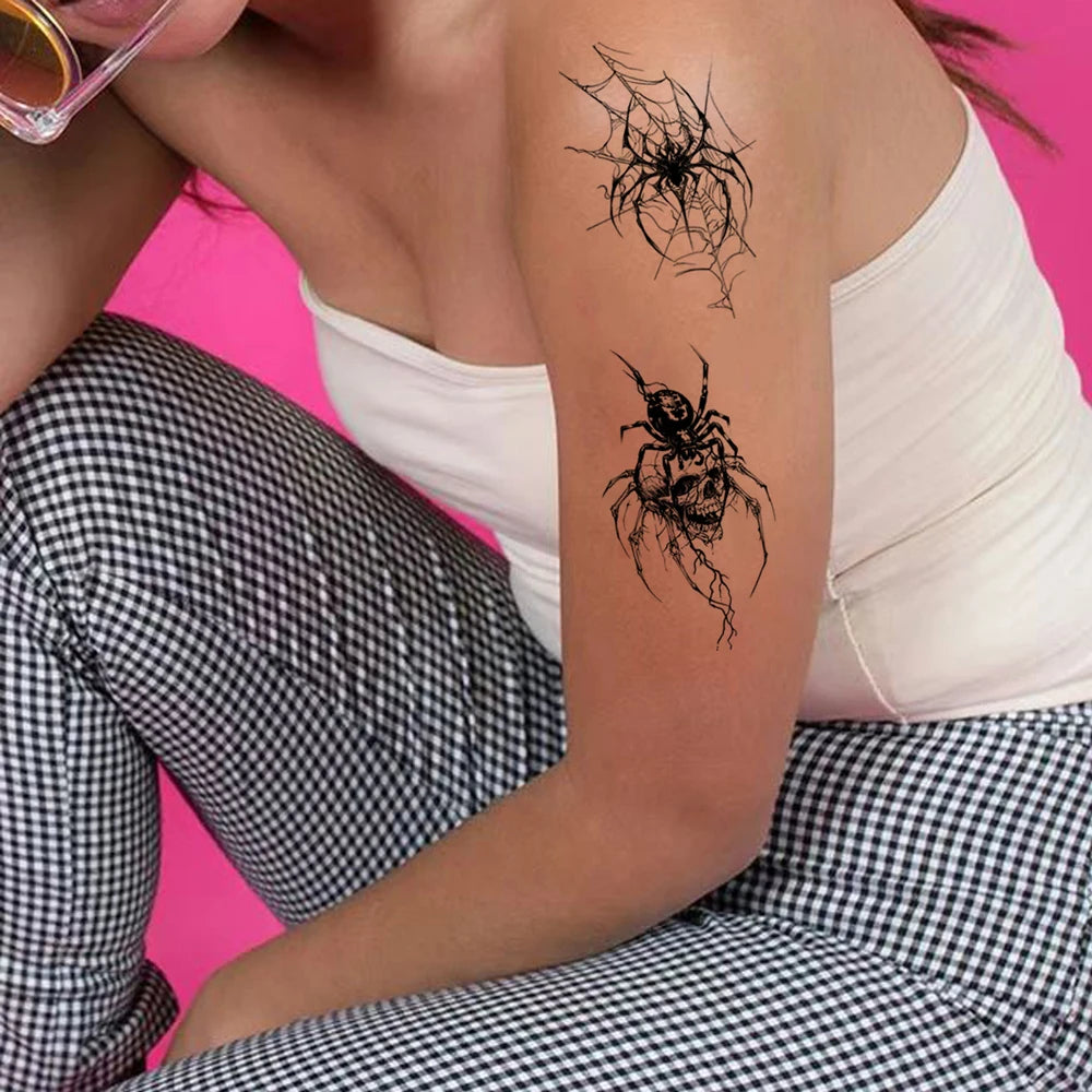 30pcs Waterproof Spider Tattoo Stickers Realistic Skull Temporary Tattoos for Halloween Party NecK Face Body Decor Fake Tattoo