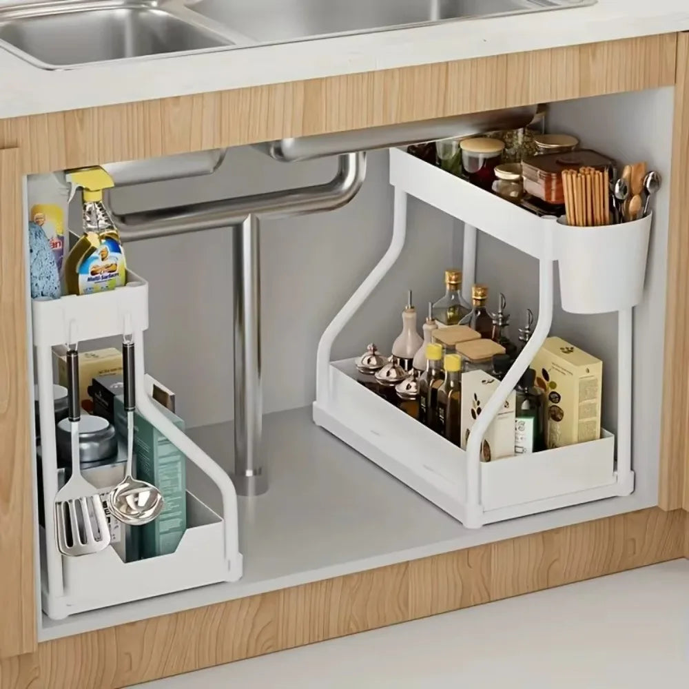2 Tier Slide Out Under Sink Organizer with Hooks Large Capacity Space Saving Storage Rack for Kitchen Bathroom Cabinet Durable