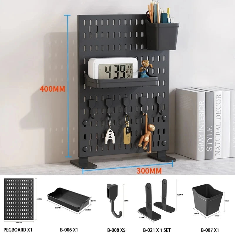 Desktop pegboard storage kit: Stand-up clip - on panels, perfect for home office and study storage.