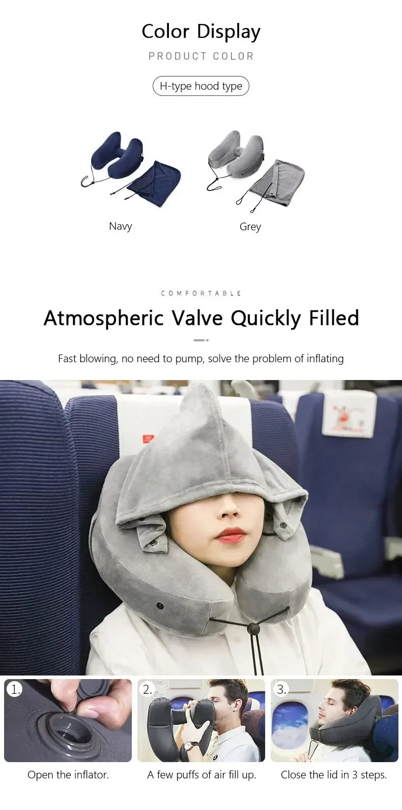 Neck Pillow Travel U-shaped Pillow Inflatable Pillow H Hooded Nap Pillow Outdoor Car Long-Distance Aircraft Neck Pillow