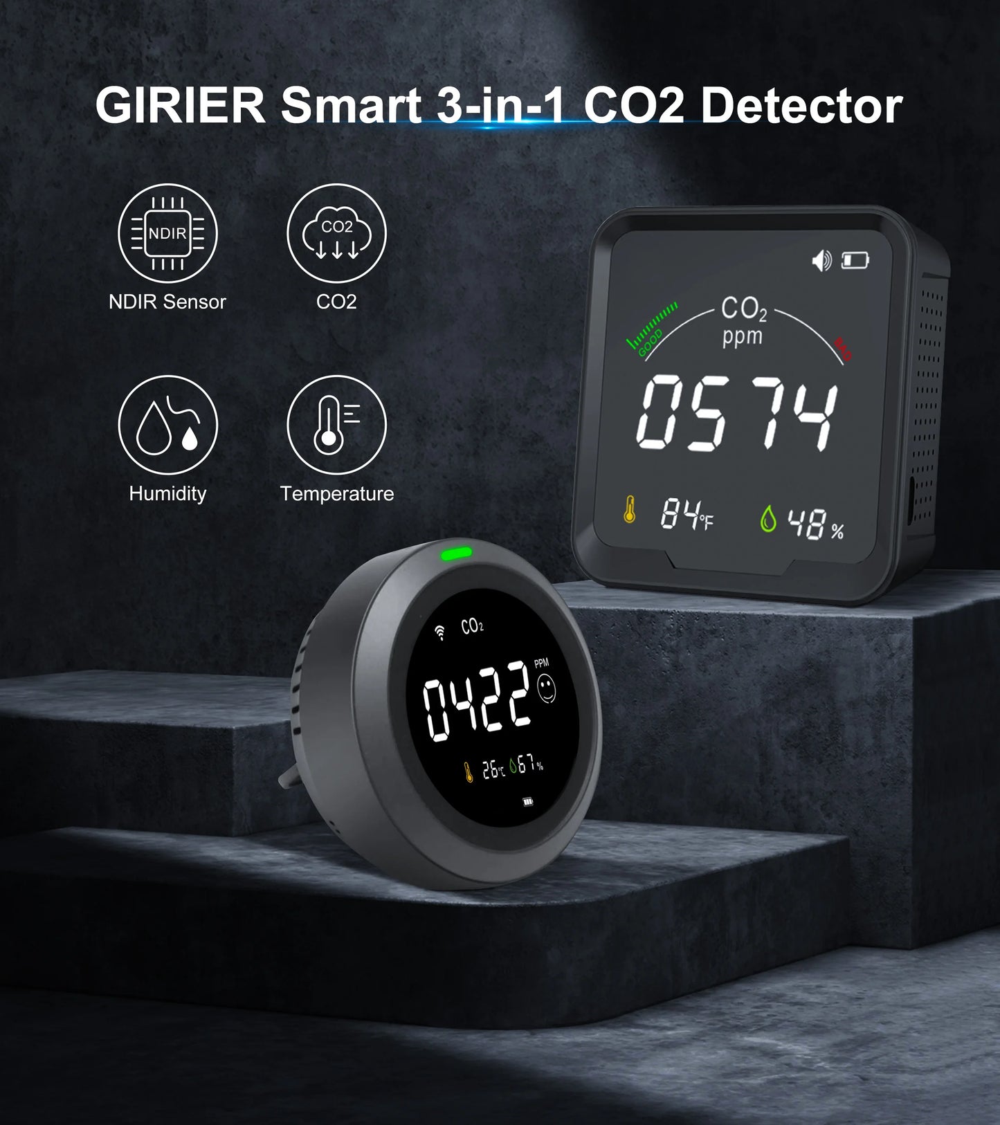 GIRIER Tuya Smart WiFi CO2 Sensor Smart Carbon Dioxide Meter Temperature Humidity Detector Monitor with LCD Screen 3 in 1 Meter