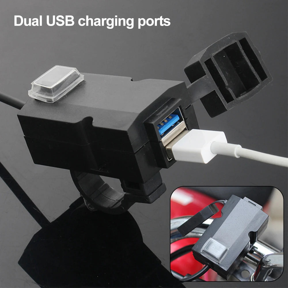 Updated Motorcycle Dual USB Charger with ON/OFF Switch Waterproof Motorbike Handlebar Phone Charger Fast Charging Socket
