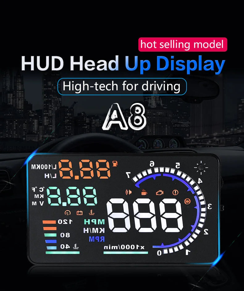 AD Digital Car OBD HUD A8 Head Up Display AUTO HUD OBD Reflect Windshield Screen Projector LED Speedometer Water Temp RPM Meter