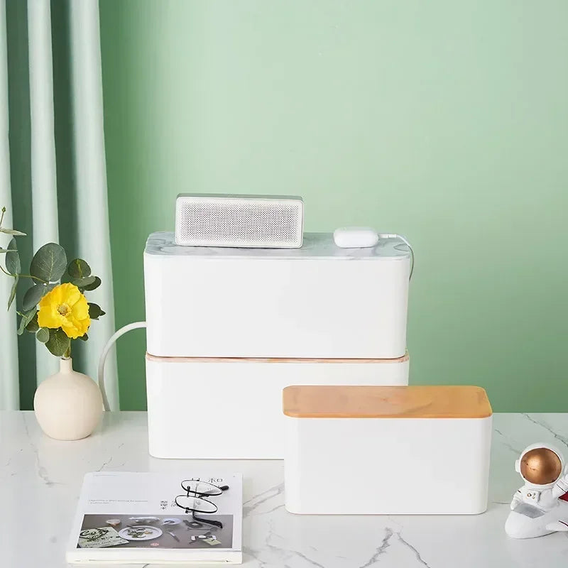 Cable Storage Box Power Strip Case Wooden Power Line Wire Management Organizer Anti-Dust Charger Socket Network Line Storage Bin