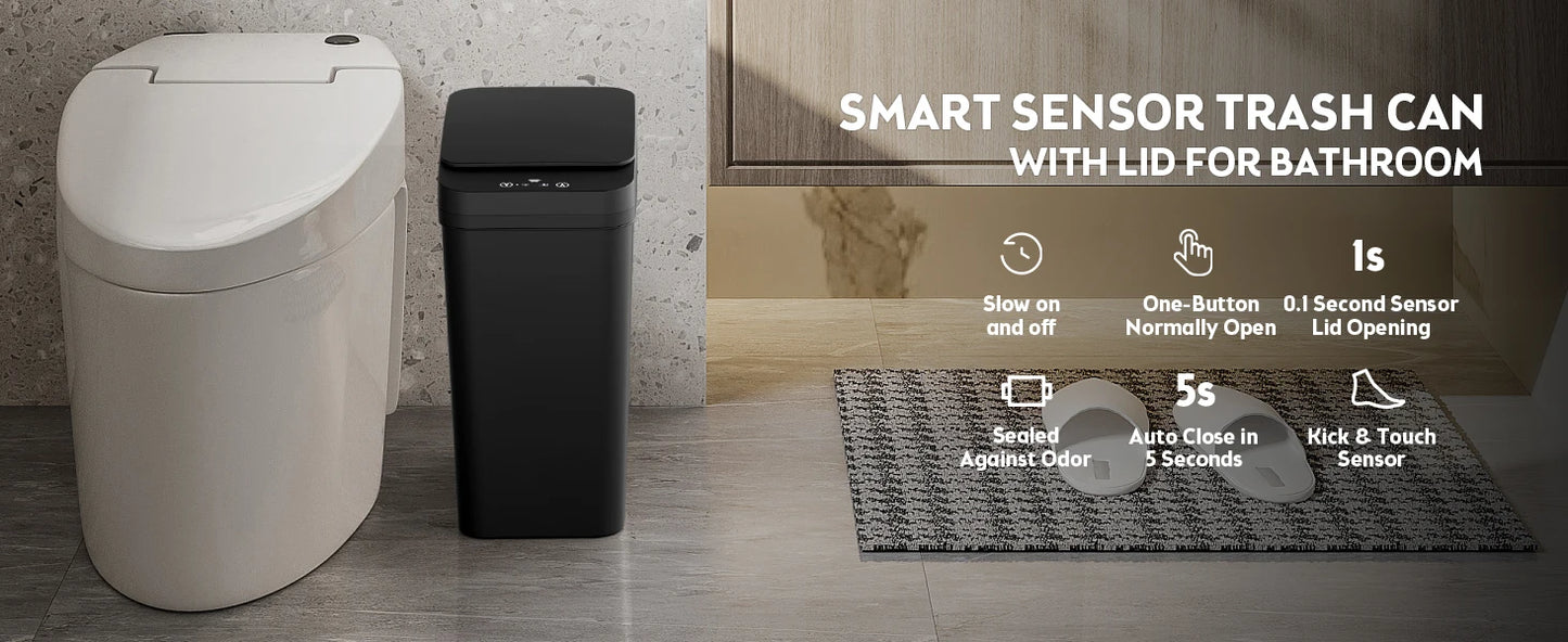 Bathroom Trash Can, 12L Automatic Motion Sensor Touchless Waterproof Trash Bin with Lid, Smart Electric Trash Can for Kitchen