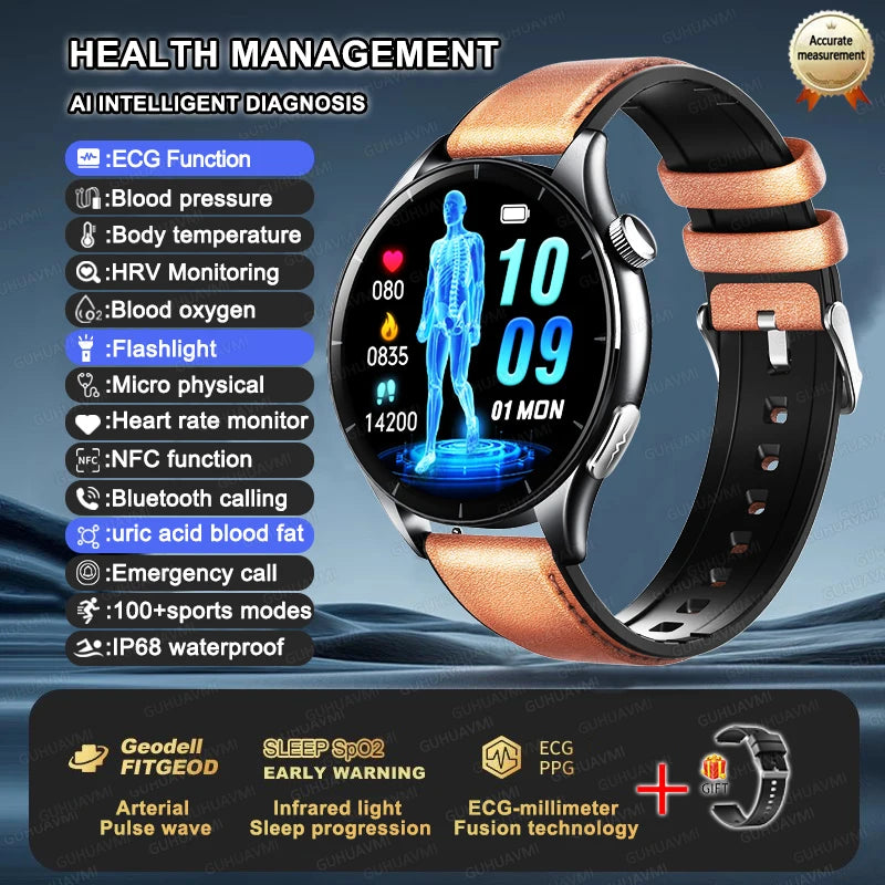 2025 New NFC+ECG+PPG Health Smart Watch BMI Fat Heart Rate Blood Pressure Watch 380mAh BT Call IP68 Waterproof Sports Bracelet