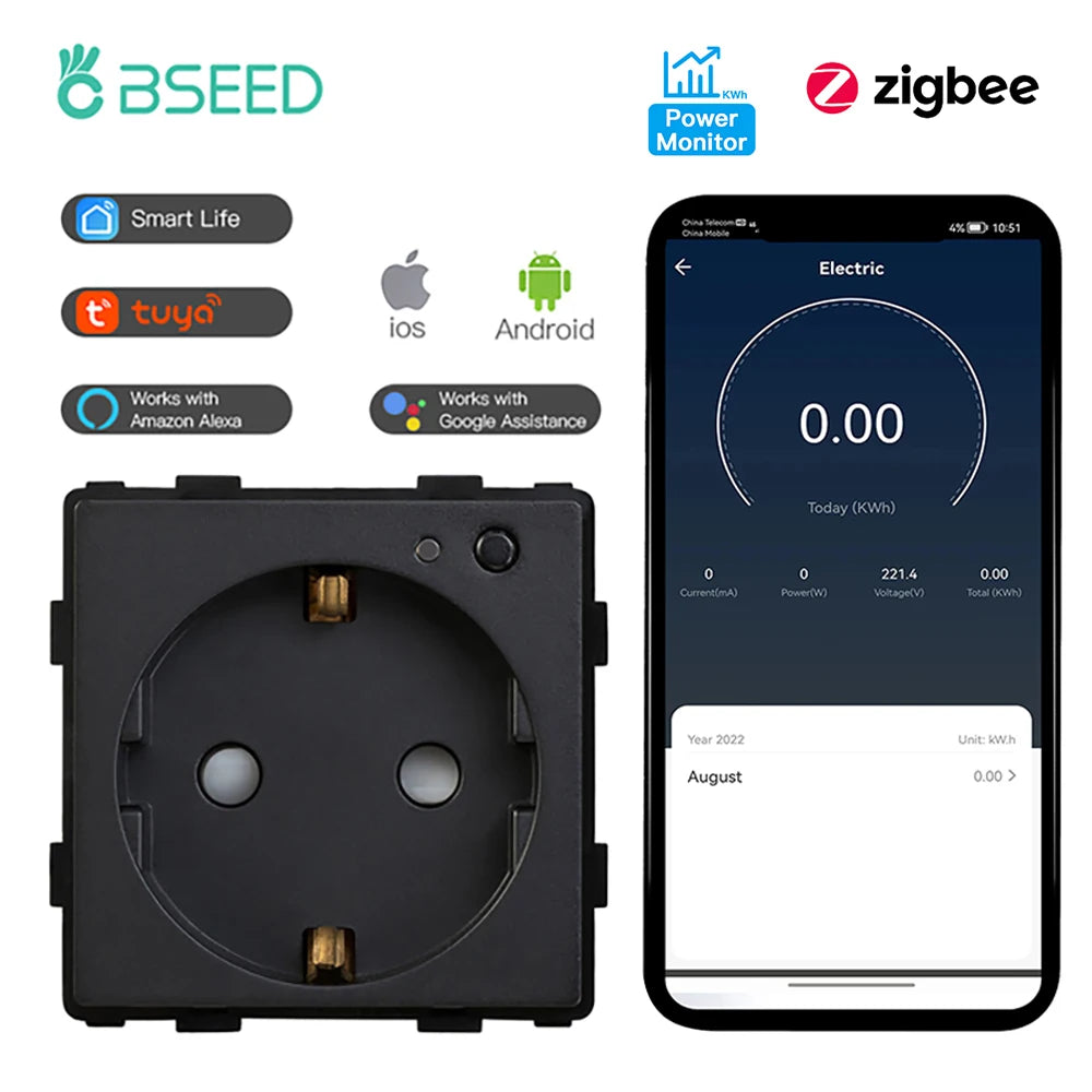 BSEED Zigbee Smart Socket EU Power Monitor Outlet DIY Function Parts Work With Tuya Smart Life Alexa App Indicator Wall Mounted
