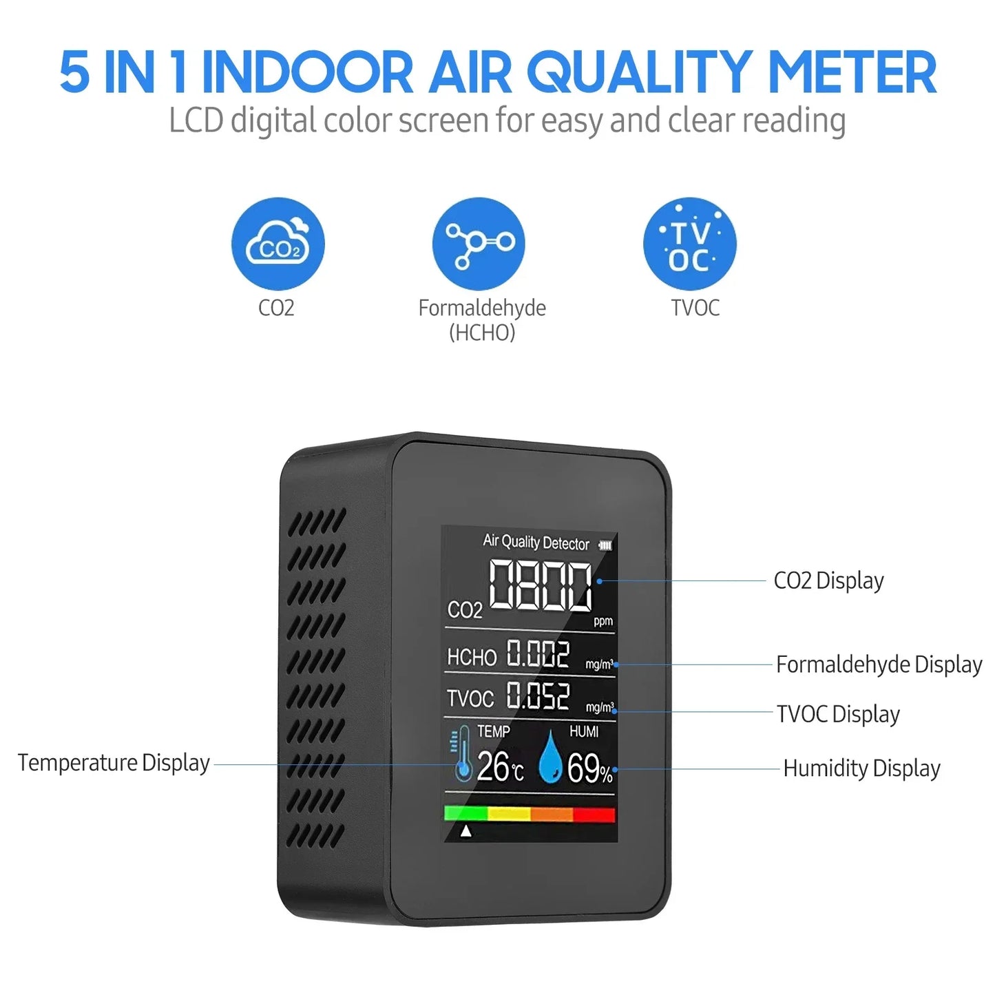 Air quality monitor multifunctional 5in1 CO2 meter digital home temperature humidity tester carbon dioxide HCHO TVOC detector