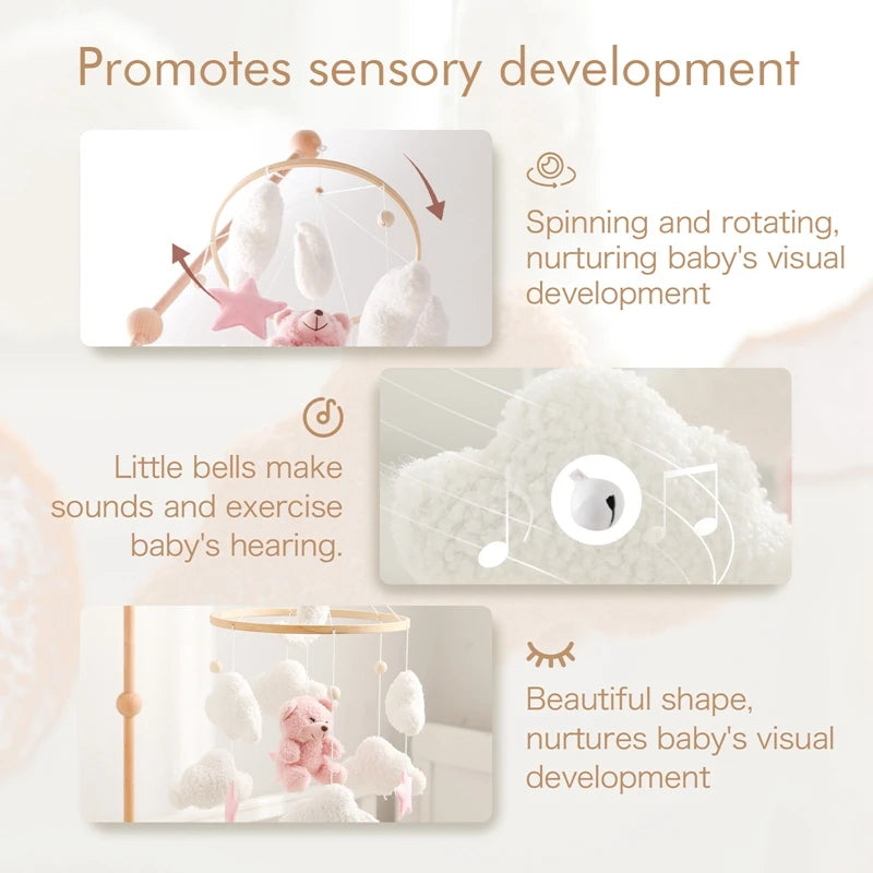 Baby Crib Mobile Rattle Toy 0-12Months Infant Soft Felt mobile Teddy Velvet Bear Bed Bell Hanging Toy Holder Bracket Crib Toy