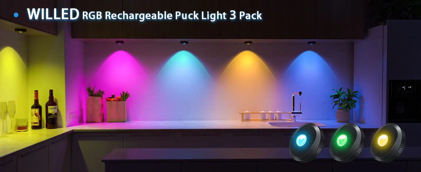 WILLED Night Light 3pcs with Remote 1200mAh Rechargeable Puck light with Timer Stick on Picture Lights for Wall Closet Cabinet