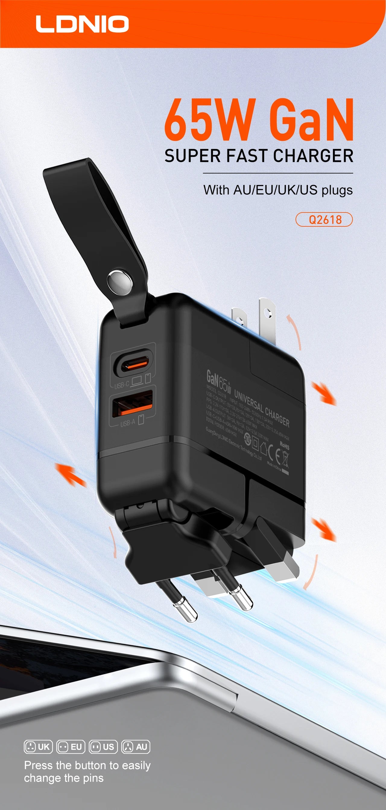 LDNIO GaN 65W Fast Charger Type C Universal Travel Adapter With US EU UK AUS Plug All-in-One Portable USB Charger For Travel