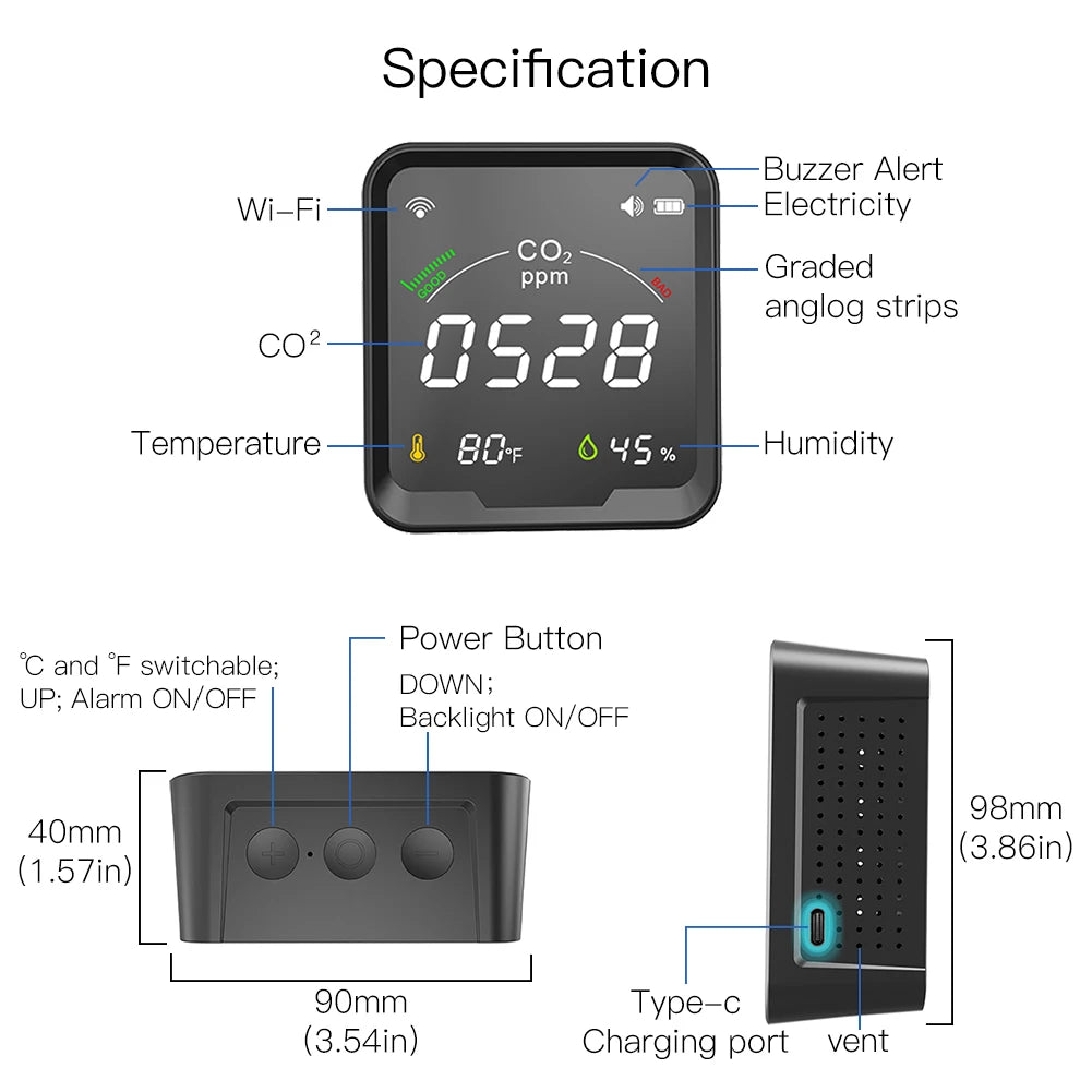 MOES Air Quality Carbon Dioxide Detector with Alarm Clock,Temperature Monitor,Humidity Air Tester,WiFi/BT,Tuya Smart,3 in 1,CO2